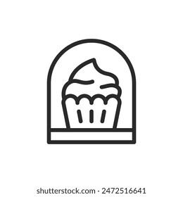 Cupcake under a dome, linear style icon. A cupcake in a display case, desserts or bakery items. Editable stroke width.