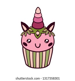 Cupcake unicorn colored element. Vector cute doodle drawing.