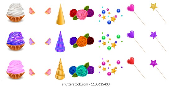 Cupcake Unicorn Constructor, Ears, Horns, Multicolor Roses, Confectionery, Hearts and Stars, Isolated on White Background, Hand Drawn Realistic Vector 3D Illustration