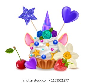 Cupcake Unicorn, Ears, Purple Horn, Hearts, Stars, Multicolor Roses, Confectionery, Strawberry, Cherry, Isolated on White Background, Hand Drawn Realistic Vector 3D Illustration