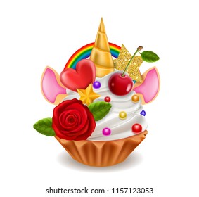 Cupcake Unicorn Horn, Rainbow, Ears, Flowers, Cherry with Leaf, Stars, Isolated on White Background, Hand Drawn Vector Realistic 3D Illustration