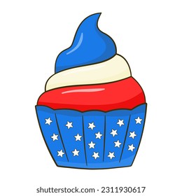 Cupcake in the USA flag colors. 4th of July. Independence Day. Vector illustration. Isolated on white background
