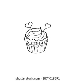 Cupcake for Valentine's Day. Cupcake doodle illustration. Hand-drawn vector element with hearts for greeting cards, banners, invitations. Black outline isolated on a white background.