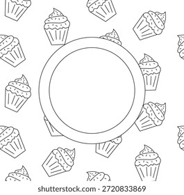 Modelo de moldura quadrada redonda do Dia dos Namorados do Cupcake. Linha gráfica vetorial ilustração em preto e branco. fundo para banners, impressão de tecido, etiquetas, impressão de camiseta.
