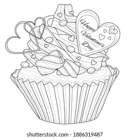 Cupcake. Valentine's Day.Dessert.
Coloring book antistress for children and adults. Illustration isolated on white background.Zen-tangle style. Black and white drawing