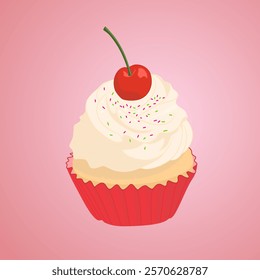 cupcake with vanilla cream frosting and colorful sprinkles, vector illustration