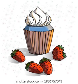 Cupcake with vanilla cream and strawberries.