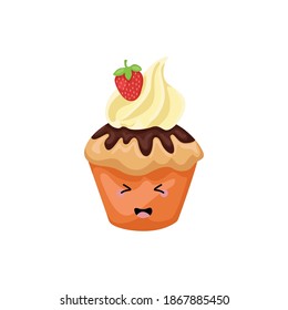 Cupcake with vanilla cream and strawberry looks happy.