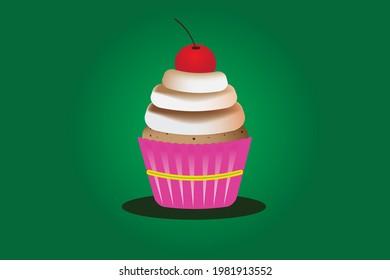 Cupcake vector art on green background. 