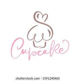 Cupcake vector calligraphic text with logo. Sweet cupcake with cream, vintage dessert emblem template design element. Candy bar birthday or wedding invitation.
