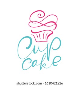 Cupcake vector calligraphic text with logo. Sweet cupcake with cream, vintage dessert emblem template design element. Candy bar birthday or wedding invitation.