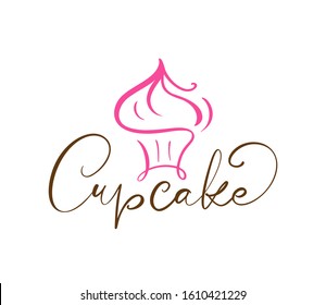 Cupcake vector calligraphic text with logo. Sweet cupcake with cream, vintage dessert emblem template design element. Candy bar birthday or wedding invitation.