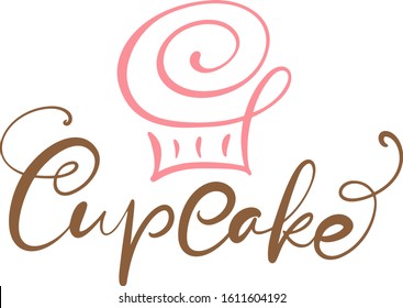 Cupcake vector calligraphic text with logo. Sweet cupcake with cream, vintage dessert emblem template design element. Candy bar birthday or wedding invitation