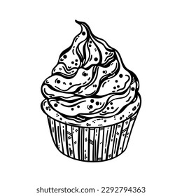 Cupcake vector icon. Delicious sweet dessert with cream, biscuit, sprinkles. Appetizing muffin for birthday, party, holiday. Simple food sketch, line art. Cartoon clipart for cards, posters, prints