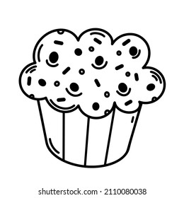 Cupcake vector icon. Hand drawn illustration isolated on white backdrop. Dessert with cream, sprinkles. Monochrome muffin concept for decoration, menu design, cafe, bakery, web