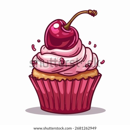 A cupcake vector icon with rich pink frosting swirled, crowned by glossy cherry. Base golden-yellow cake wrapped in a pink cupcake liner. Delightful dessert for celebrations, parties, or as a sweet