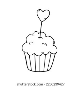 Icono vectorial del pastel para el Día de San Valentín. Pastel decorado con un corazón. Bollería dulce. Ilustración al estilo doodle.