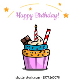 Cupcake vector illustration. Colorful cake in cartoon style isolated. Happy birthday card design with sweet cupcake. Fun delicious cake for kids birthday party.