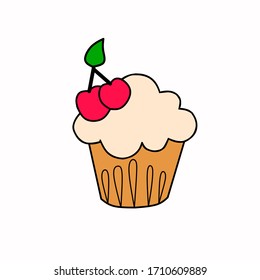 cupcake vector illustration, cute cupcake with flat design and outline, cupcake on white background. Vector