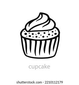 Cupcake Vector Illustration. Cute Linear Muffin Hand Drawn Logo Design, isolated. Vintage Doodle Style Drawing. Bakery Minimal Emblem, Simple Icon for cafe menu, cake shop, birthday party decoration