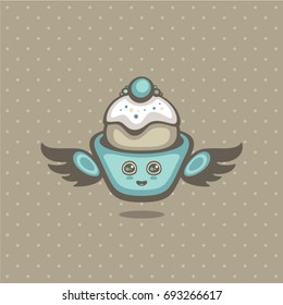 Cupcake vector illustration. Cute cupcake with wings. Sweet collection. Design for menu and logo.