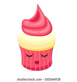 Cupcake vector illustration in flat cartoon style. Strawberry Muffin emoticon characters fun face.