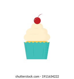 Cupcake vector illustration. Flat geometric illustration of cupcake with cream and cherry on top. Pastry, sweet, dessert, cooking.