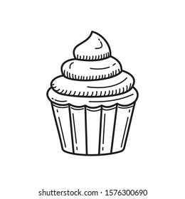 Cupcake vector illustration with  hand drawn style. Black line cupcake vector illustration isolated on white background 