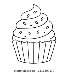 Cupcake vector illustration. Hand-drawn doodle style sweet dessert with frosting and sprinkles. Black line art isolated on white background.