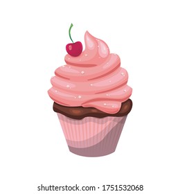 
Cupcake vector illustration on a white background, strawberry muffin with cherry