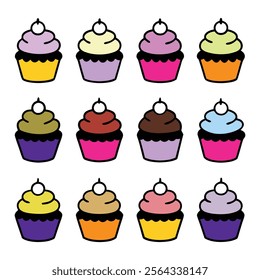 cupcake vector illustration set, food, yummy, testy, on white background