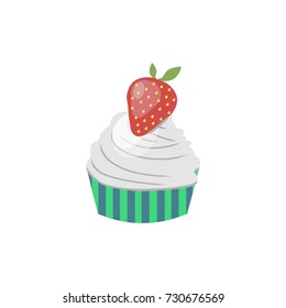 Cupcake vector illustration with strawberry on white background. 