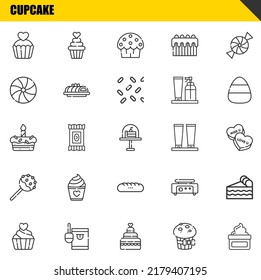 cupcake vector line icons set. cupcake, cupcake and cake Icons. Thin line design. Modern outline graphic elements, simple stroke symbols stock illustration