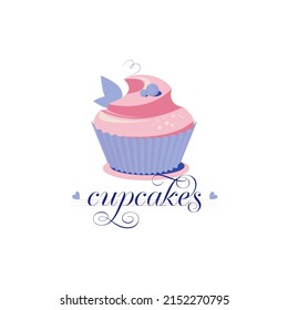 Cupcake vector logo for candy makers, baking, pink and blue tones