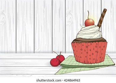 cupcake vector on a wooden background