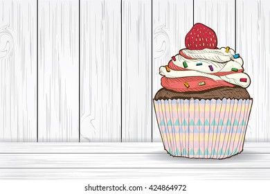  cupcake vector on a wooden background