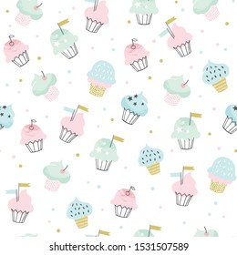 Cupcake vector pattern with confetti sprinkles. Hand drawn cute cupcakes seamless background for party, birthday, greeting cards, gift wrap.