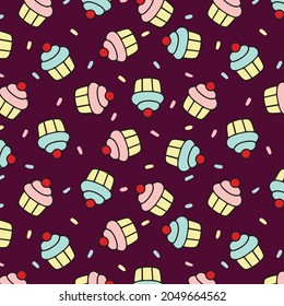 Vektor-Cupcake-Party-Muster mit Cupcakes und Brinklen auf dunklem Hintergrund