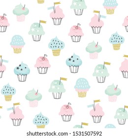 Cupcake vector pattern. Hand drawn cute cupcakes seamless background for party, birthday, greeting cards, gift wrap, stationery. 