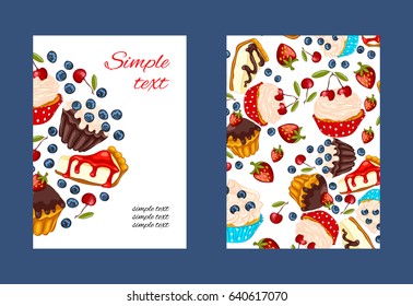 Cupcake vector promo card set with colorful illustrations. Restaurant or cafe menu design. Flyer template with berries, muffins and cheesecake.