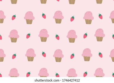 Cupcake  vector seamless pattern on pink background