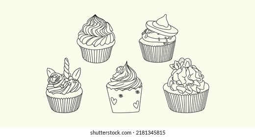 Cupcake Vector Set Hand Drawn line art illustration set, Cup Cake Outline for coloring book