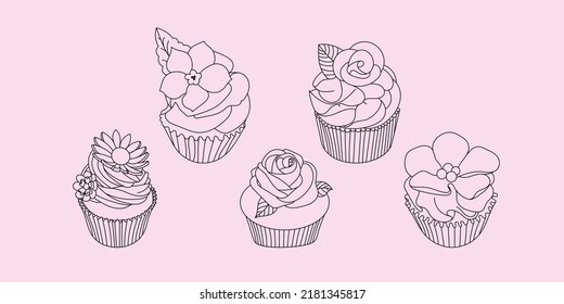 Cupcake Vector Set Hand Drawn line art illustration set, Cup Cake Outline for coloring book