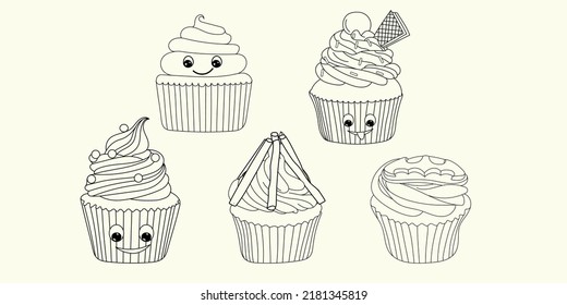 Cupcake Vector Set Hand Drawn line art illustration set, Cup Cake Outline for coloring book