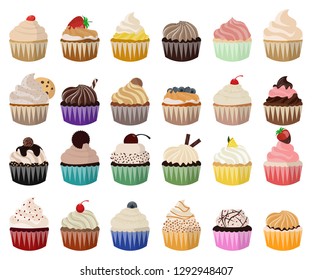 Cupcake vector set. Icon in flat style. Sweet and cute cupcake illustrations for decoration and filling. 24 different cupcake varieties on white background.