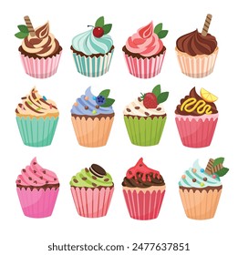 Cupcake vector set. Party element. Sweet dessert clipart. Birthday element. Flat vector in cartoon style isolated on white background.