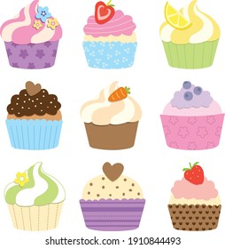 Cupcake vector set. Yummy cakes and muffins with various toppings. Fruit, carrot, chocolate, lemon, blueberry cakes. Tasty treat. 