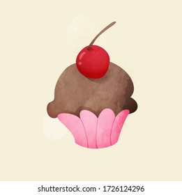 Cupcake Vektor, süß, Kirsche, Schokolade Geschmack, Lebensmittel.