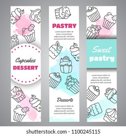 Cupcake vertical banners with handdrawn cupcakes and pink splashes. Sweet pastry slogan. Bakery Desserts collection Vector