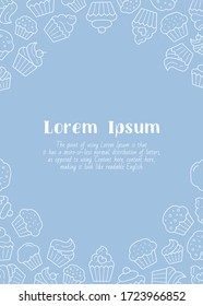 Cupcake - vertical card with text and vector outline illustrations of sweet, dessert, muffin, cake and snack for graphic design